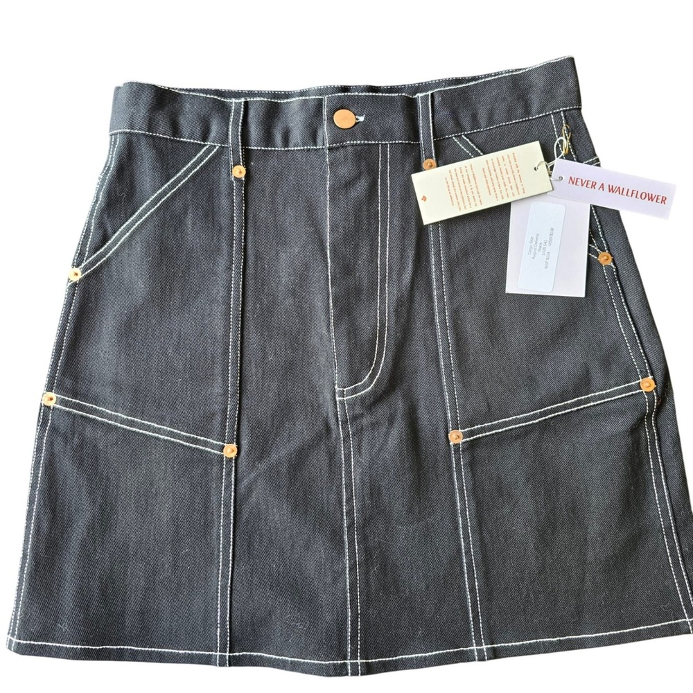 Never A Wallflower Black Cargo Denim Mini Skirt 28in Small White Contrast Stitch